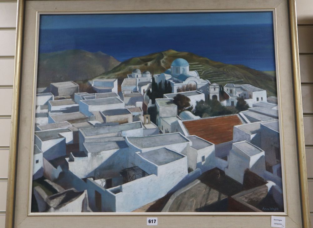 Anne Wright, oil on canvas, Village in Patmos, signed, 63 x 75cm